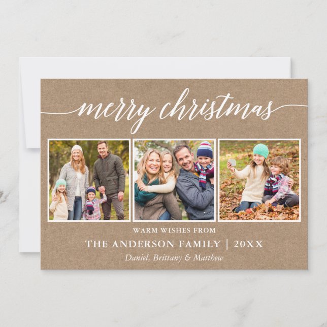 Cartes Pour Fêtes Annuelles Calligraphie moderne Joyeux Noël 3 Photo Kraft (Devant)
