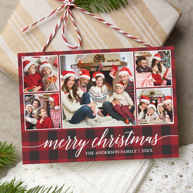 Cartes Pour Fêtes Annuelles Calligraphie moderne Joyeux Noël 5 Photo Plaid (Customize to add text or more photos to back of card.)