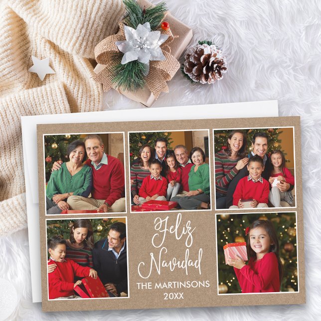 Cartes Pour Fêtes Annuelles Calligraphie moderne Kraft 5 Photo Feliz Navidad (Customize to add text to back of card.)