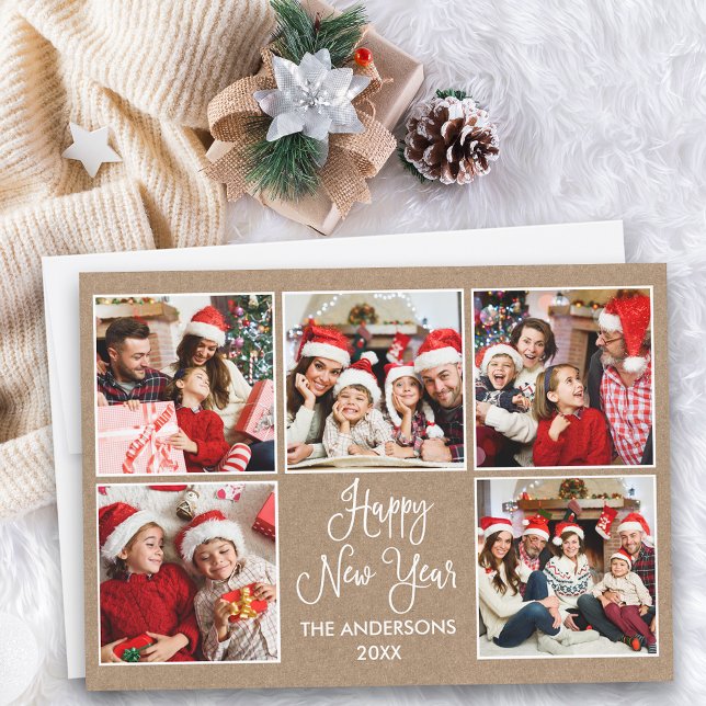 Cartes Pour Fêtes Annuelles Calligraphie moderne Kraft 5 Photo Nouvel An (Customize to add text to back of card.)