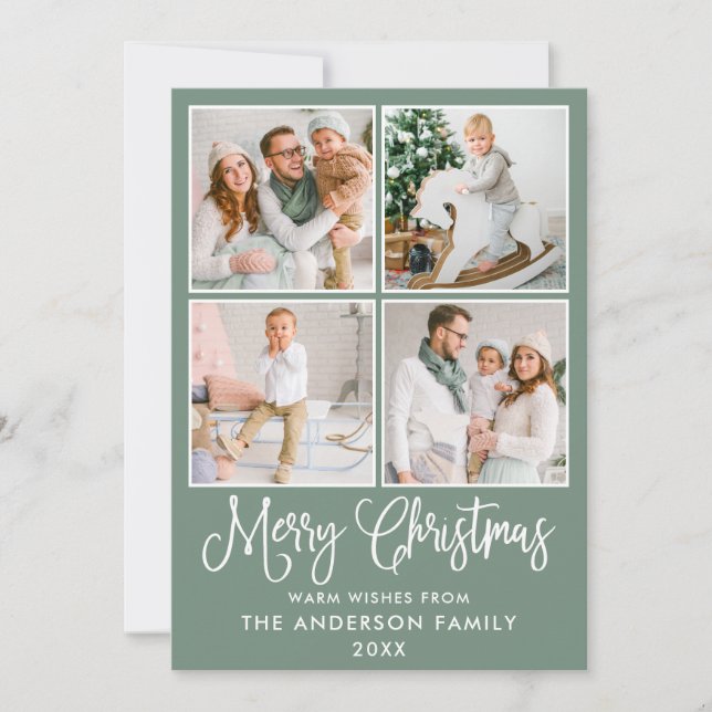 Cartes Pour Fêtes Annuelles Calligraphie moderne Noël 4 Photos Sage Green (Devant)