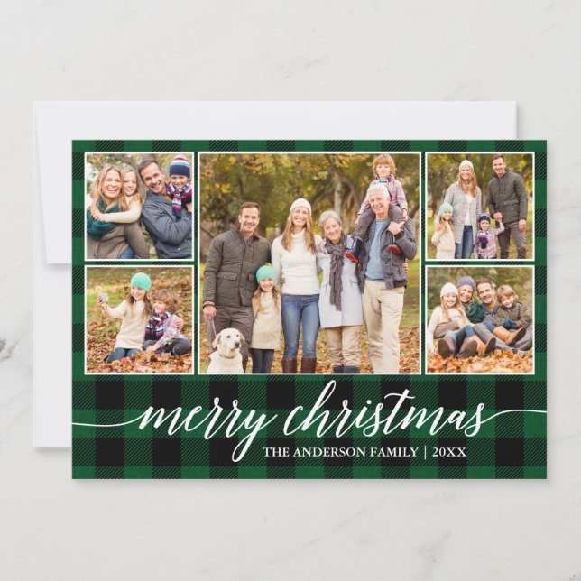 Cartes Pour Fêtes Annuelles Calligraphie moderne Noël 5 Photo Green Plaid (Devant)