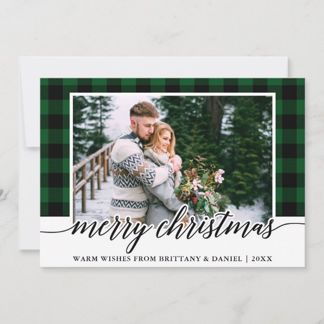 Cartes Pour Fêtes Annuelles Calligraphie moderne Photo Green Plaid Noël (Devant)