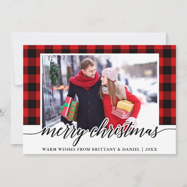 Cartes Pour Fêtes Annuelles Calligraphie moderne Photo Rouge Plaid Noël (Devant)