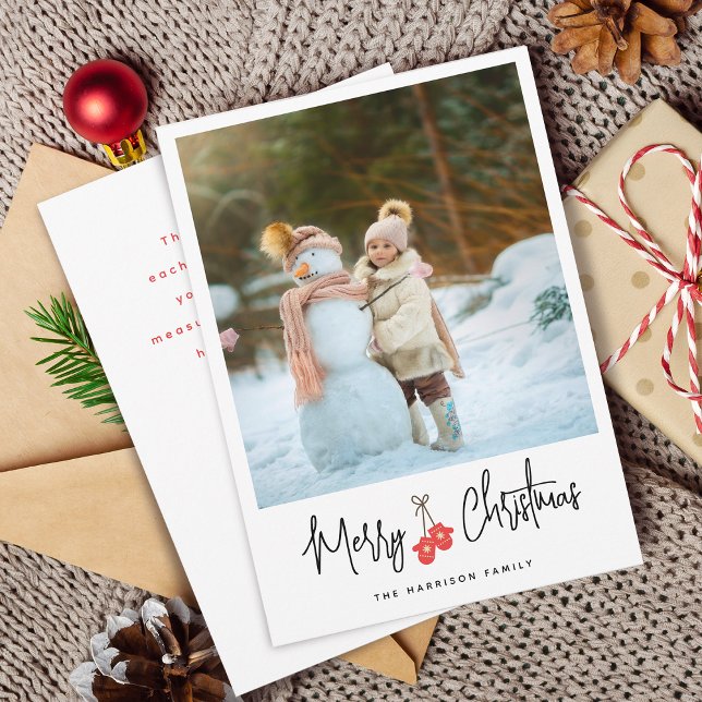 Cartes Pour Fêtes Annuelles Calligraphie moderne Red Mittens Photo Flat (Modern Calligraphy Red Mittens Photo Flat Holiday Card)