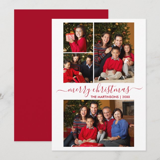 Cartes Pour Fêtes Annuelles Calligraphie moderne Script 4 Photo Noël Rouge (Devant / Derrière)
