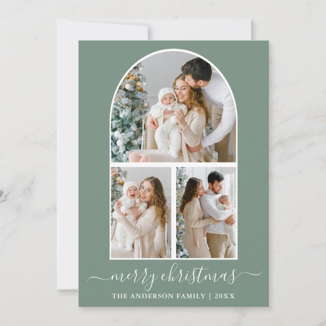Cartes Pour Fêtes Annuelles Calligraphie Noël 3 Photo Arche Vert Sage (Devant)