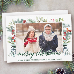 Cartes Pour Fêtes Annuelles Calligraphie Noël Verdure Couple Photo Vert