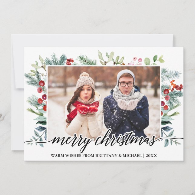 Cartes Pour Fêtes Annuelles Calligraphie Noël Vert Couple Photo (Devant)