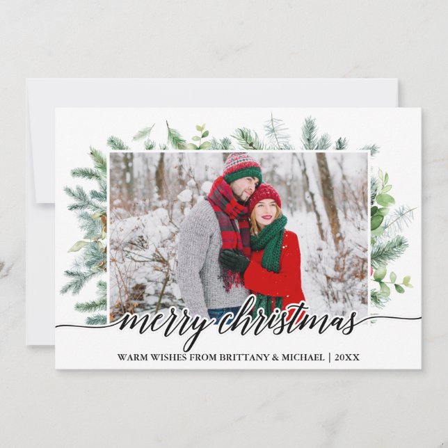 Cartes Pour Fêtes Annuelles Calligraphie Pin de Noël Vert Couple Photo (Devant)