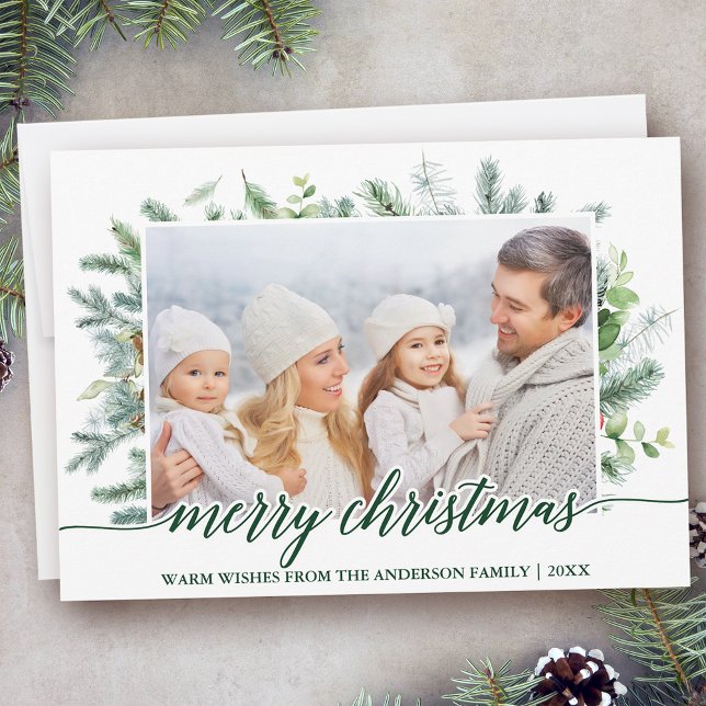 Cartes Pour Fêtes Annuelles Calligraphie Pin de Noël Vert Photo (Customize to change your personalized text size or text style.)