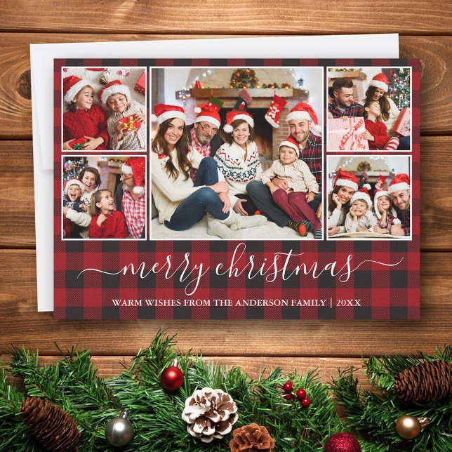Cartes Pour Fêtes Annuelles Calligraphie Red Buffalo Plaid 5 Photo Noël (Customize to change text size or text style.)