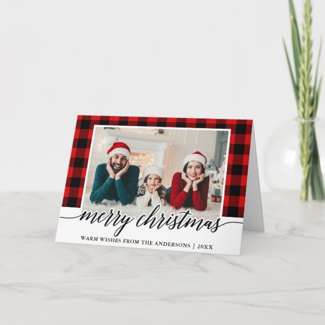 Cartes Pour Fêtes Annuelles Calligraphie Rouge Plaid Famille Photo Plier Noël (Devant)