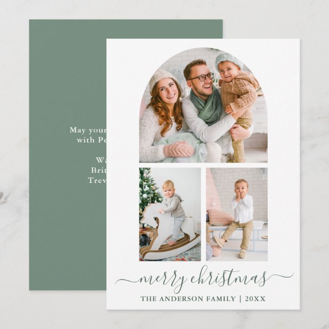 Cartes Pour Fêtes Annuelles Calligraphie Sage Green 3 Photo Arche Noël (Devant / Derrière)
