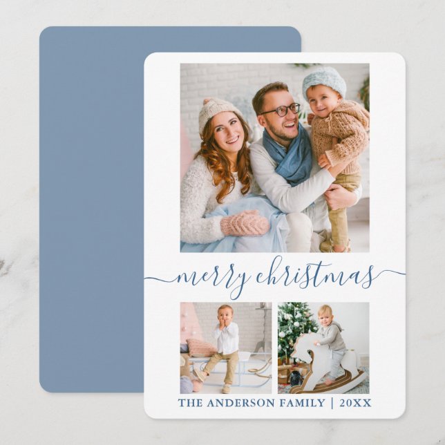 Cartes Pour Fêtes Annuelles Calligraphie Script 3 Photo Dusty Blue Christmas (Devant / Derrière)