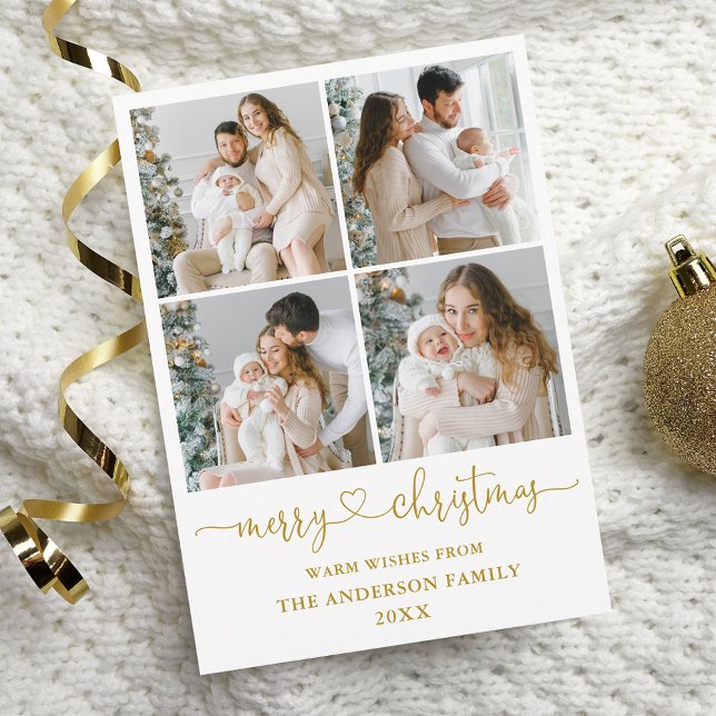 Cartes Pour Fêtes Annuelles Calligraphie Script Coeur Noël 4 Photo Gold (Customize to add text to back of card.)