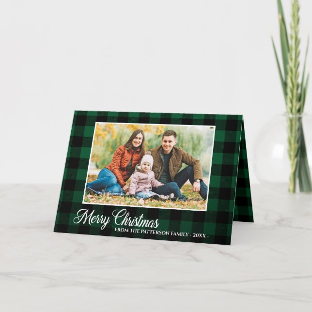 Cartes Pour Fêtes Annuelles Calligraphie Script photo vert Plaid Tartan plié (Devant)
