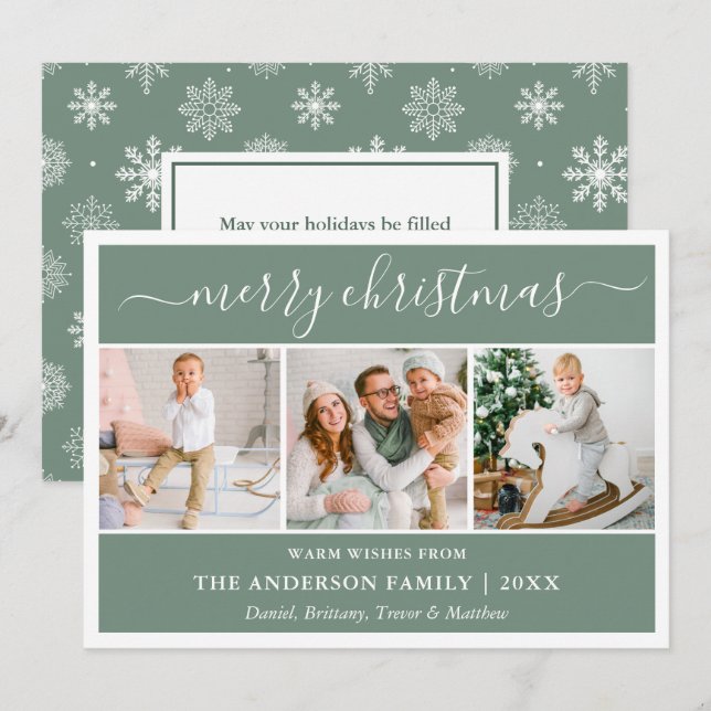 Cartes Pour Fêtes Annuelles Calligraphie Snowflakes Christmas Green 3 Photo (Devant / Derrière)