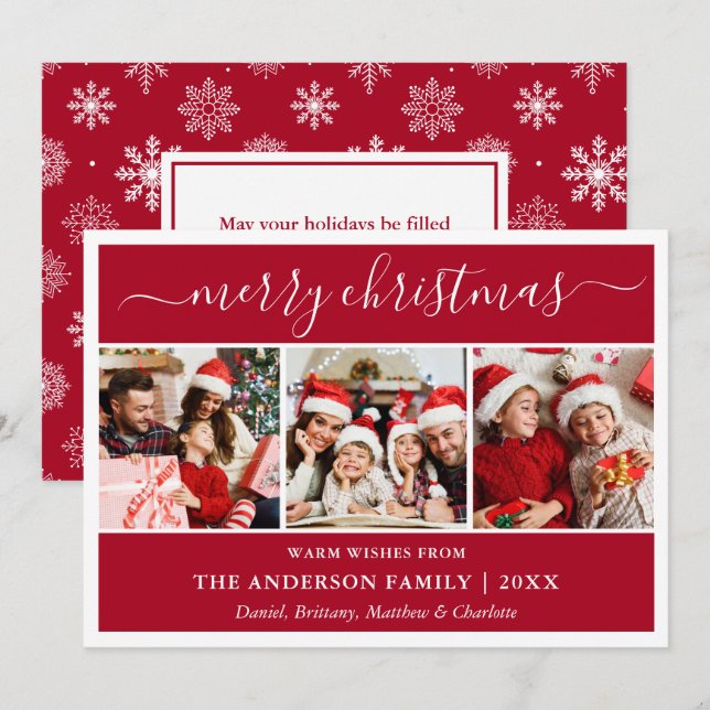 Cartes Pour Fêtes Annuelles Calligraphie Snowflakes Joyeux Noël Rouge 3 Photo (Devant / Derrière)