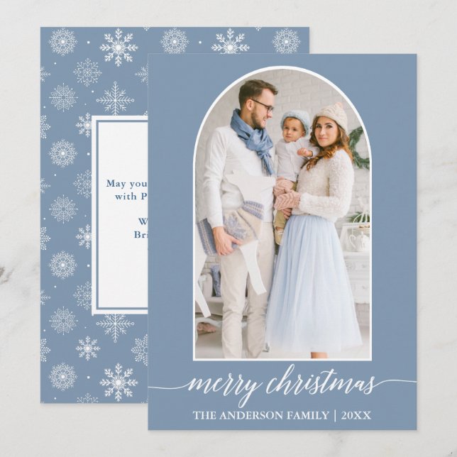 Cartes Pour Fêtes Annuelles Calligraphie Snowflakes Photo Arche Dusty Blue (Devant / Derrière)