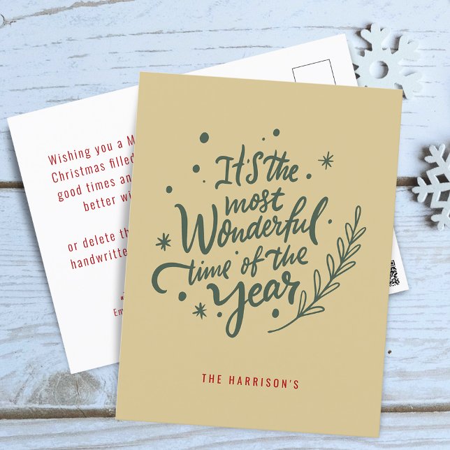 Cartes Pour Fêtes Annuelles Calligraphie Temps le plus merveilleux Noël (Calligraphy Most Wonderful Time Christmas Holiday Postcard)