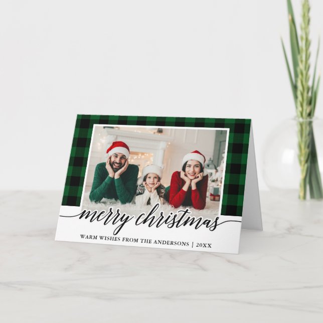 Cartes Pour Fêtes Annuelles Calligraphie vert Plaid Photo Plier Noël (Devant)