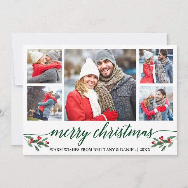 Cartes Pour Fêtes Annuelles Calligraphie verte moderne 5 Photo Joyeux Noël (Devant)