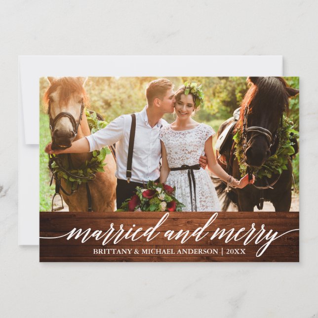 Cartes Pour Fêtes Annuelles Calligraphie Wood Marié et Joyeux Mariage Photo (Devant)