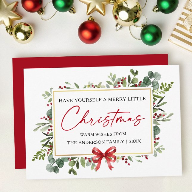 Cartes Pour Fêtes Annuelles Calligraphy Ink Pen Watercolor Greenery Red Bow (Customize to add text to back of card.)