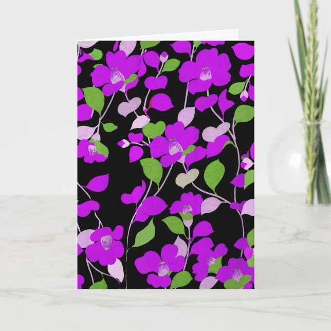 Cartes Pour Fêtes Annuelles CAMELLIAS PURPLE, FEUILLES VERT BLANC NOIR Floral  (Devant)