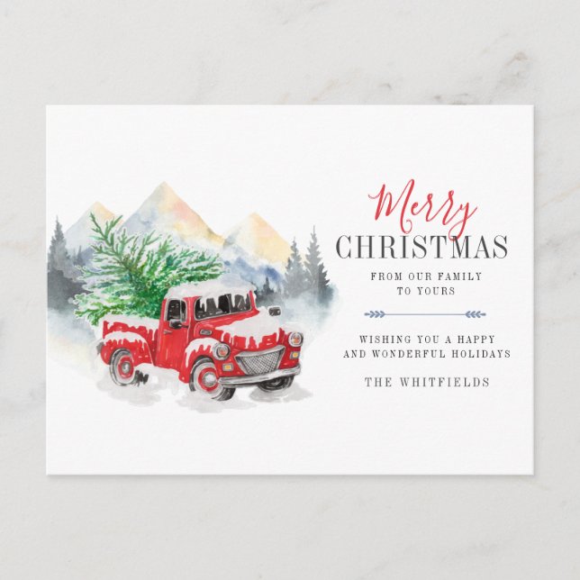 Cartes Pour Fêtes Annuelles Camion aquarelle et arbre Joyeux Noël (Devant)
