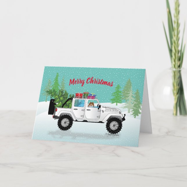 Cartes Pour Fêtes Annuelles Camion blanc 4x4 avec Shelter, Noël neige (Devant)