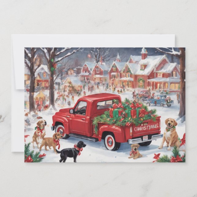 Cartes Pour Fêtes Annuelles Camion de Noël rouge dans un village avec des chio (Devant)