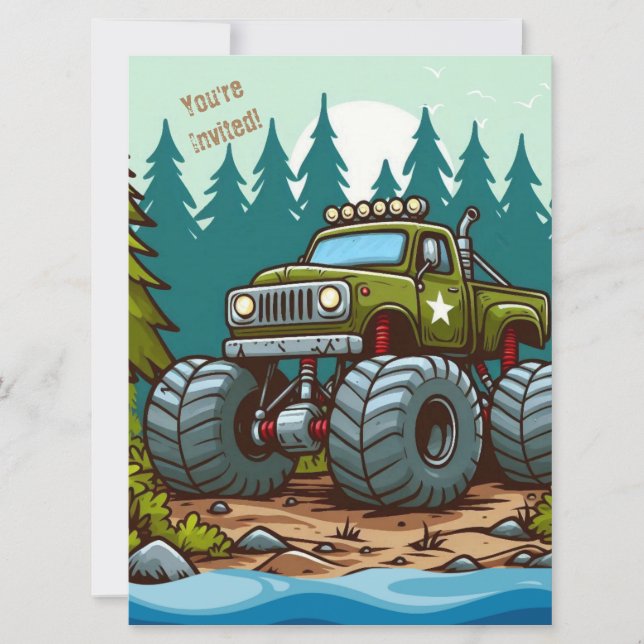 Cartes Pour Fêtes Annuelles Camion Monster Vert dans la forêt (Devant)