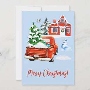 Cartes Pour Fêtes Annuelles Camion Red Retro avec arbre de Noël Maison Snowman