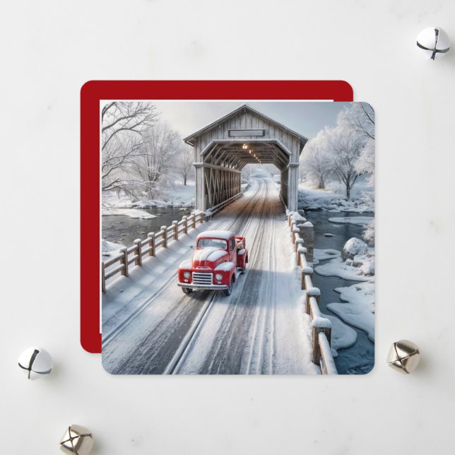 Cartes Pour Fêtes Annuelles Camion rétro de Noël et pont couvert (Devant/Arrière en situation)