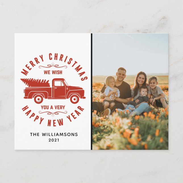 Cartes Pour Fêtes Annuelles Camion rouge et arbre Joyeux Noël Photo Holiday (Devant)