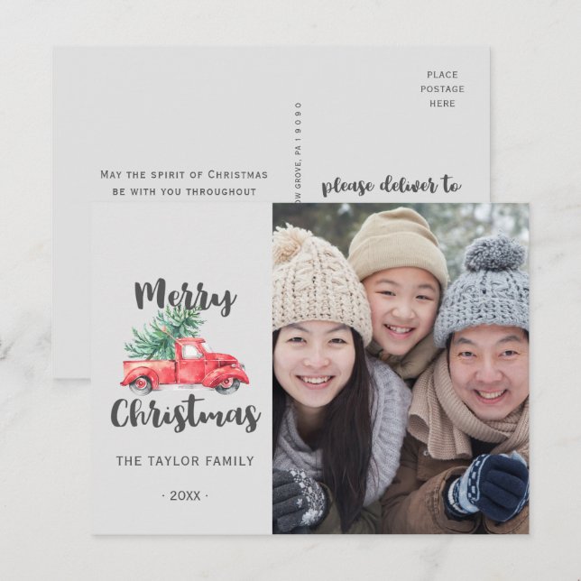 Cartes Pour Fêtes Annuelles Camion rouge et photo de Noël d'arbre (Devant / Derrière)