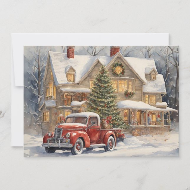 Cartes Pour Fêtes Annuelles Camion Rouge Ferme neige hiver Joyeux Noël (Devant)