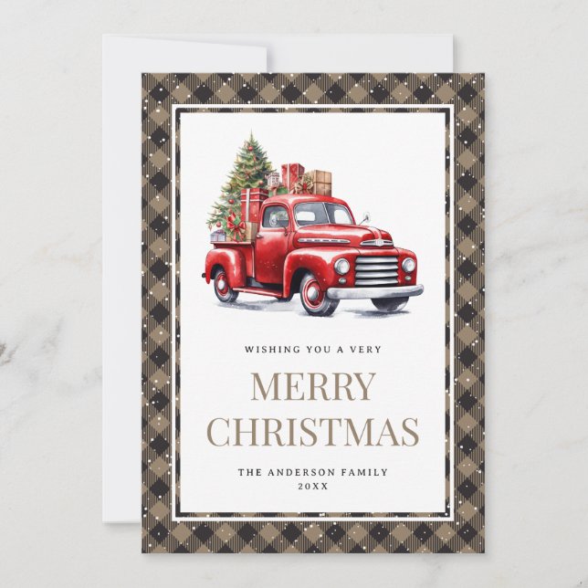 Cartes Pour Fêtes Annuelles Camion rouge Khaki Buffalo Plaid Aquarelle Noël (Devant)