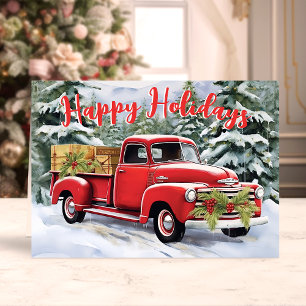 Cartes Pour Fêtes Annuelles Camion rouge vintage en forêt de neige Noël