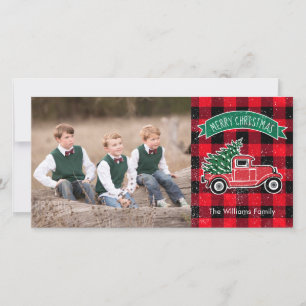 Cartes Pour Fêtes Annuelles Camion vintage Arbre de Noël Buffle Rouge Plaid
