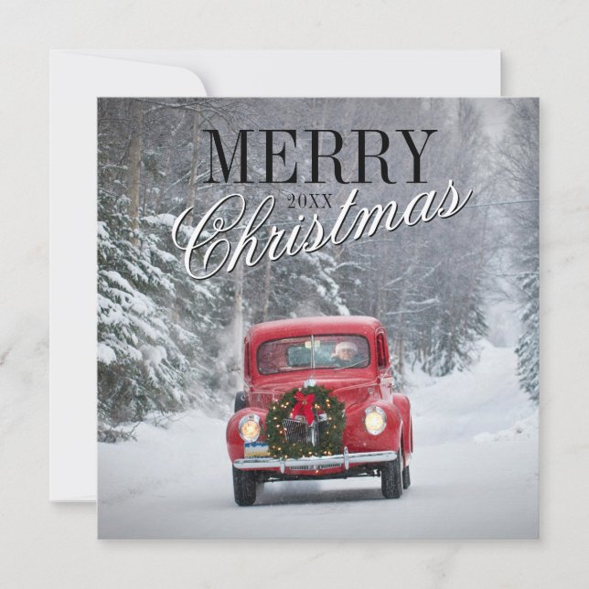 Cartes Pour Fêtes Annuelles Camionnette rouge conduisant dans la neige (Devant)