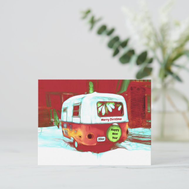 Cartes Pour Fêtes Annuelles Camper Retro Vintage Noël Rouge Vert Vacances (Debout devant)