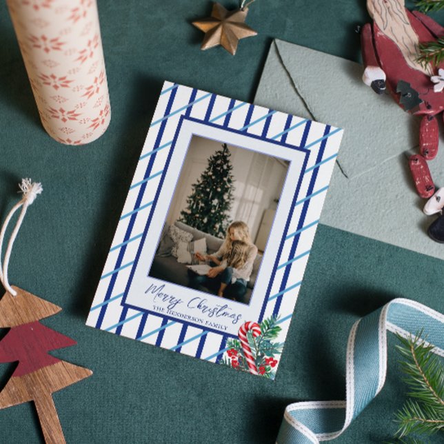Cartes Pour Fêtes Annuelles Candy Cane & Rayures Bleues | Photo de Famille de  (Créateur téléchargé)