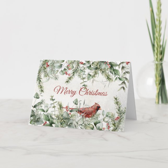 Cartes Pour Fêtes Annuelles Cardinal avec feuillage et baies d'hiver (Devant)