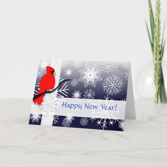 Cartes Pour Fêtes Annuelles Cardinal et flocons de neige, Bonne année! (Devant)