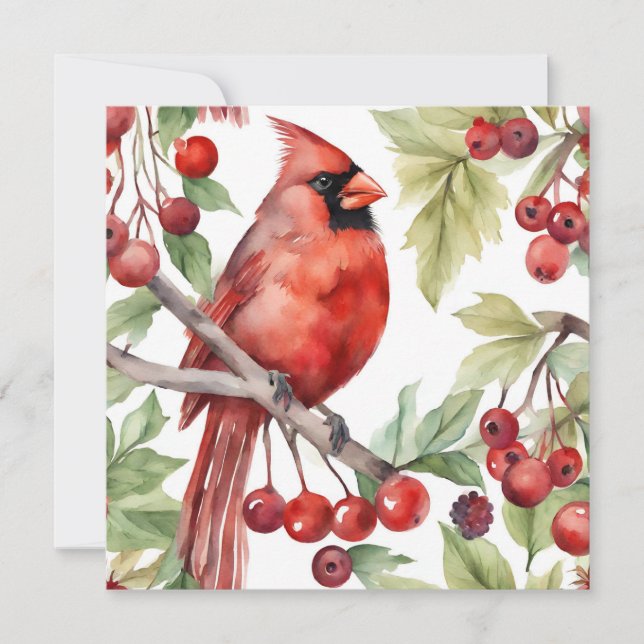 Cartes Pour Fêtes Annuelles Cardinal Rouge et Branche de Berry Rouge Noël (Devant)
