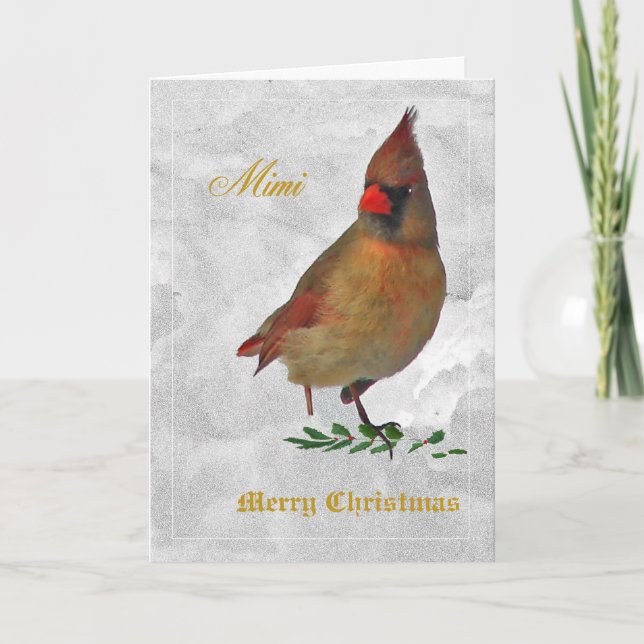 Cartes Pour Fêtes Annuelles Cardinal rouge femelle du devant dans la neige sai (Devant)