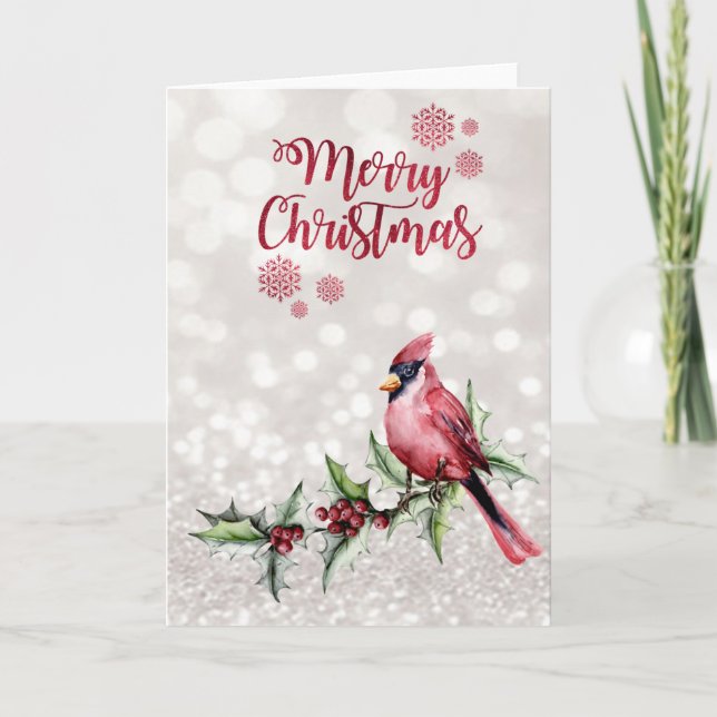 Cartes Pour Fêtes Annuelles Cardinal Rouge Holly Berry Bokeh (Devant)